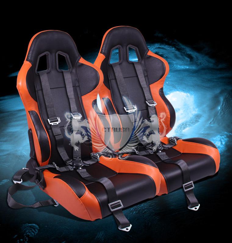 2x jdm black/orange turino sport racing bucket seat+5-pt belt camlock strap pair