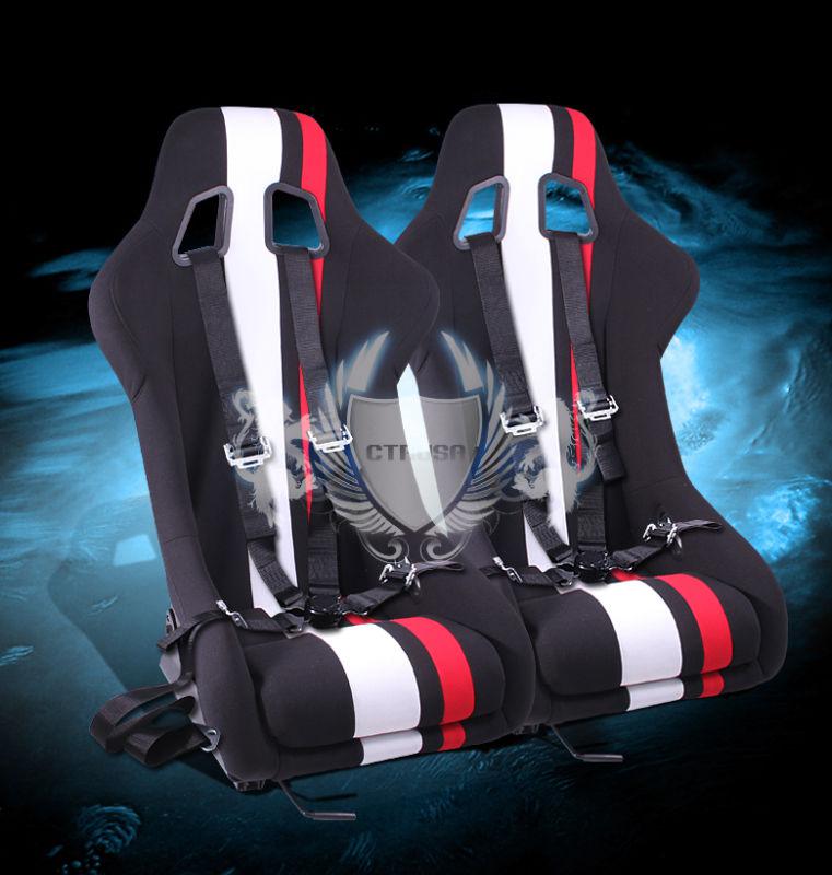 2x black/white red stripe fabric sport racing bucket seat+4pt belt camlock strap