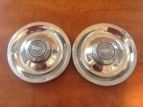 (2) stainless rare " chevrolet motor division" performance wheel center caps 