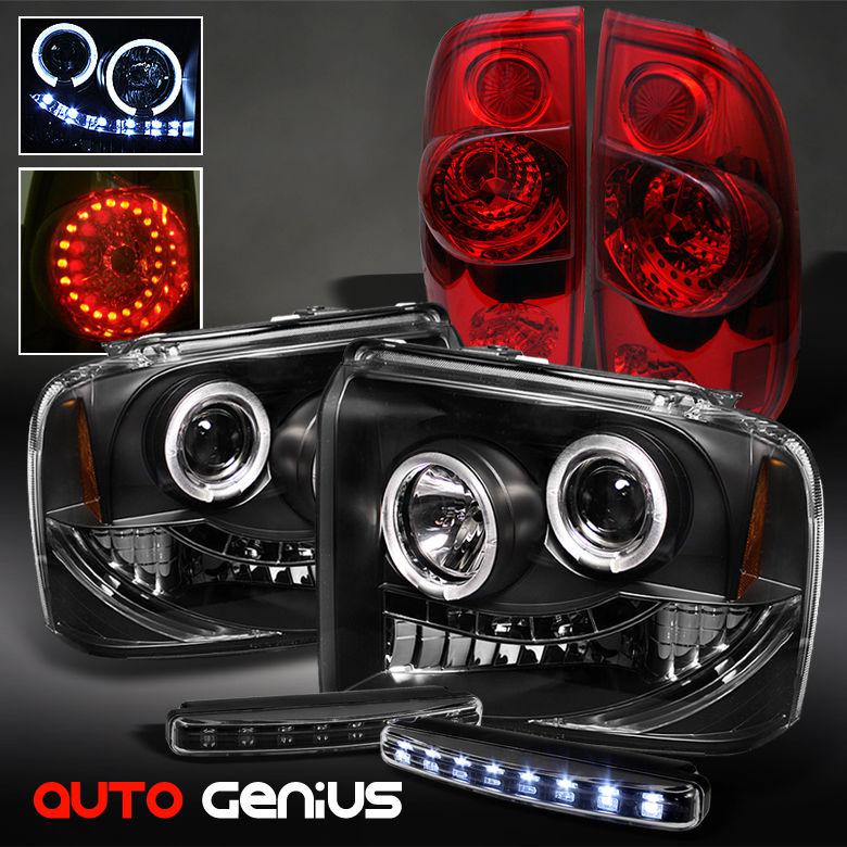 05-07 f2/3/450 blk projector headlights + red led ring tail lights + daytime led