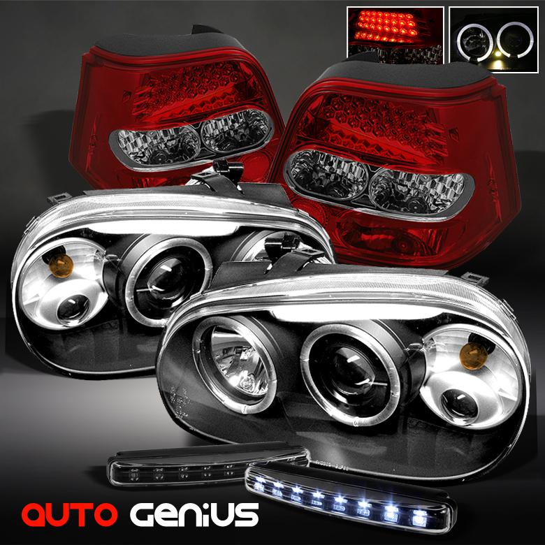 99-06 golf black projector headlights + red smoke led tail lights + daytime led