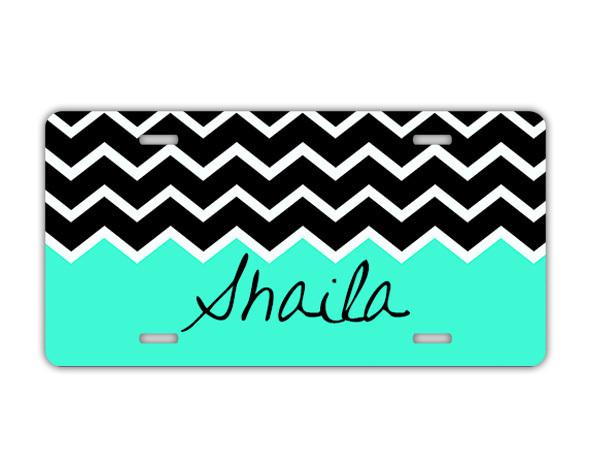 Chevron monogram license plate - tiffany blue black chevron custom car tag(9983)