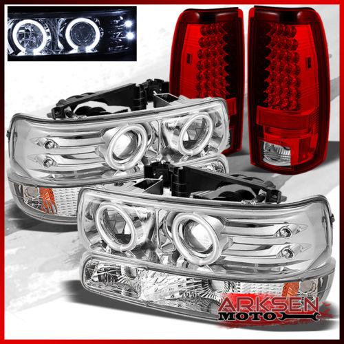 99-02 silverado ccfl halo projector headlights+bumper+red clear led tail lights