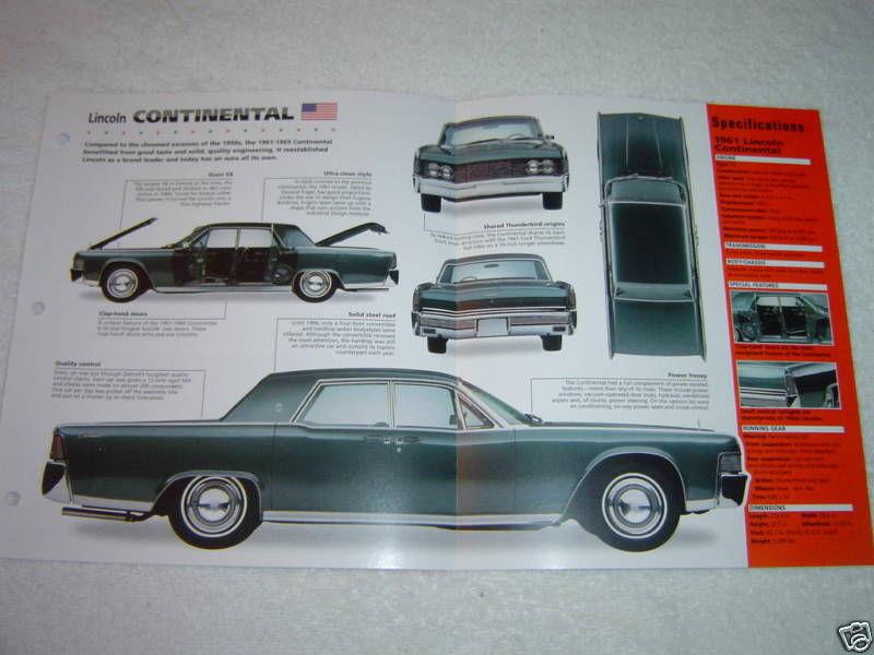 1961-1969 lincoln continental v8 car spec sheet brochure booklet