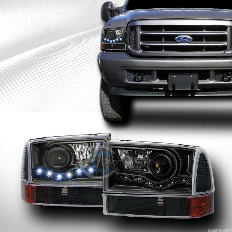 Blk drl led projector head lights+signal corner amber k2 99 00-04 f250/excursion