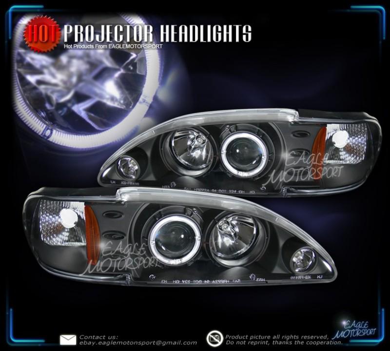 1994-1998 ford mustang angel eye halo ring projector black headlights lamps