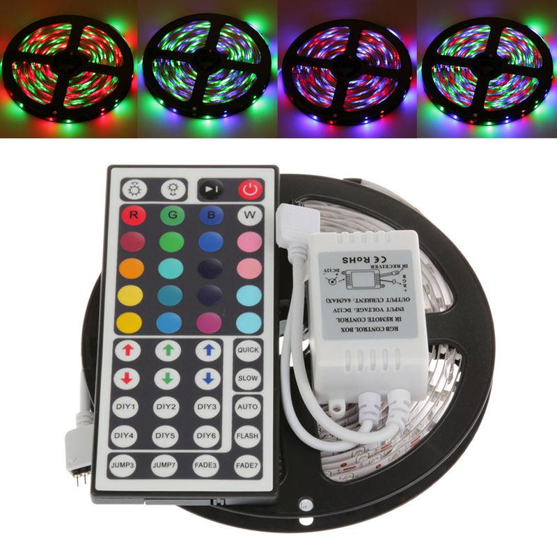 5m 3528 300leds rgb smd strip 60leds/m non-waterproof 12v+44key ir remote us