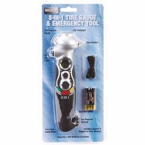 Deluxe 8-in-1 tire gauge and emergency tool