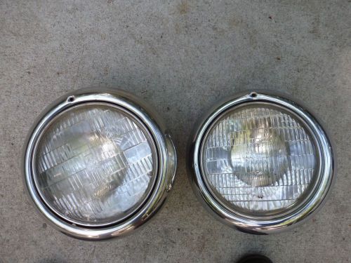 Vintage pair headlight headlamp bucket assembly chrome bezel rat hot rod custom