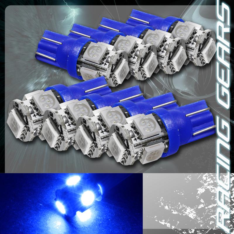 8x blue smd 5 led 12v t10 wedge light bulb interior license plate / side marker