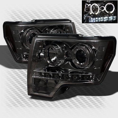 Smoked 09-13 ford f150 dual halo led projector headlights smoke head lights lamp