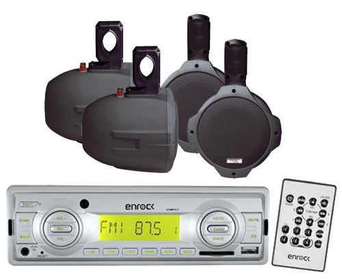 Marine enrock usb am fm aux radio, 4 black marine 8&#034; wake board 2way speaker set