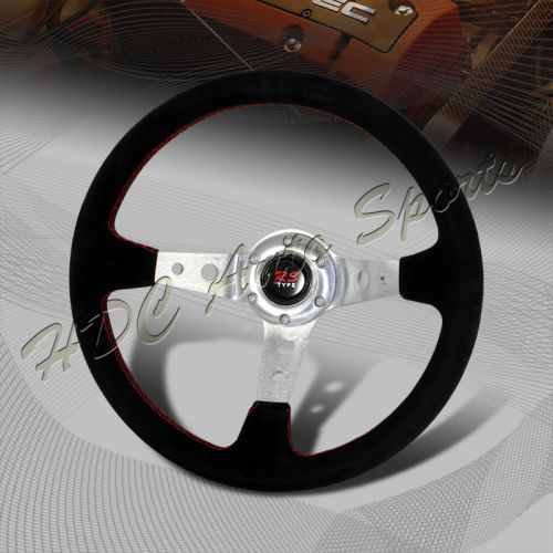 350mm 6 hole black suede leather red stitch deep dish steering wheel universal 4