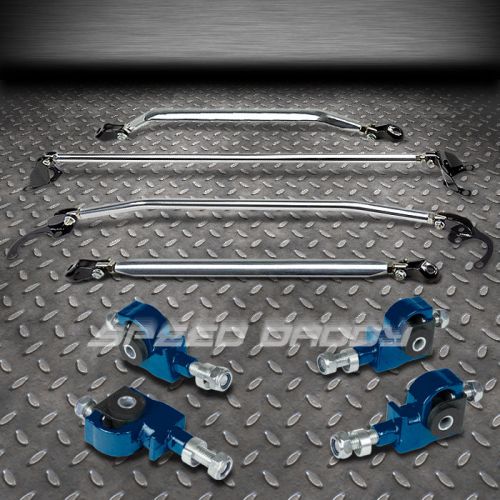 Front+rear upper+lower strut bars+blue 4pc camber adjuster kits 88-95 civic/crx