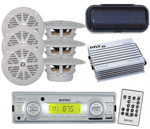 Ekmrs12 silver boat yacht radio usb aux 3 pairs of 4&#034; speakers cover and amp kit