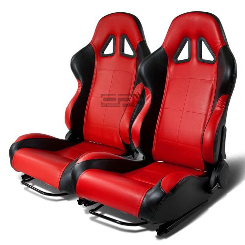 X2 pair full reclinable left+right black/red pvc leather bucket racing seats