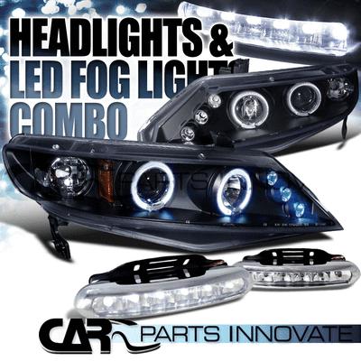 06-11 honda civic 4dr black halo led projector headlights+6-led fog lamps