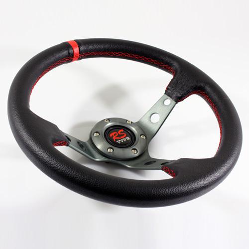 Universal 320mm deep dish steering wheel black leather/red stitch/gunmetal spoke