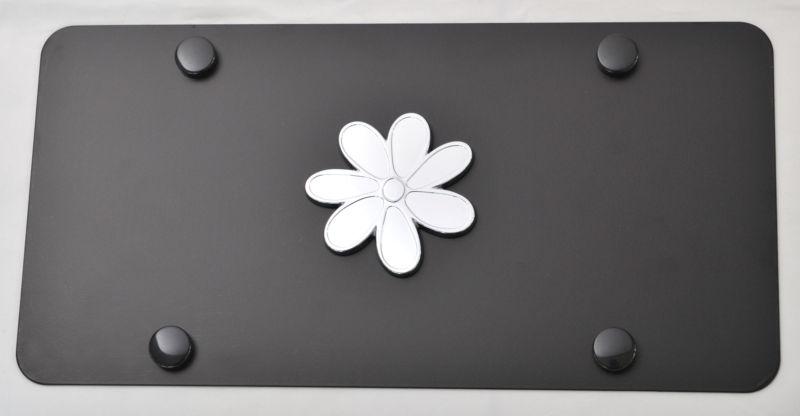 Flower 3d chrome emblem on black stainless steel license plate 