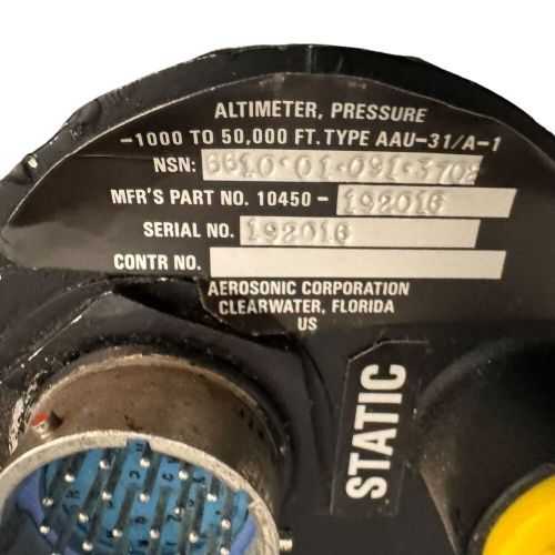 Aerosonic corp aircraft altimeter 10450-192016 1000 to 50,000 ft type aau-31/a-1