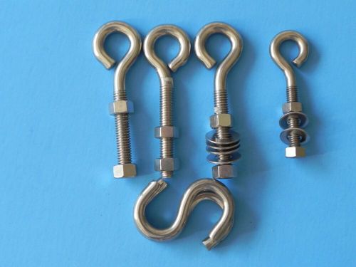 Lot- ss  3&#034; eyebolts, s hooks, marine grade,  polished finish 3/8 + 1/4&#034; w/nuts