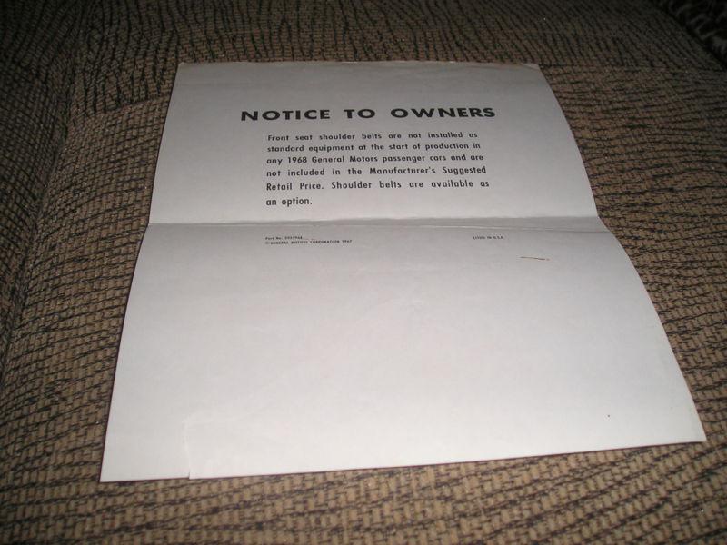 1968 original chevrolet/corvette shoulder/ seatbelt notice