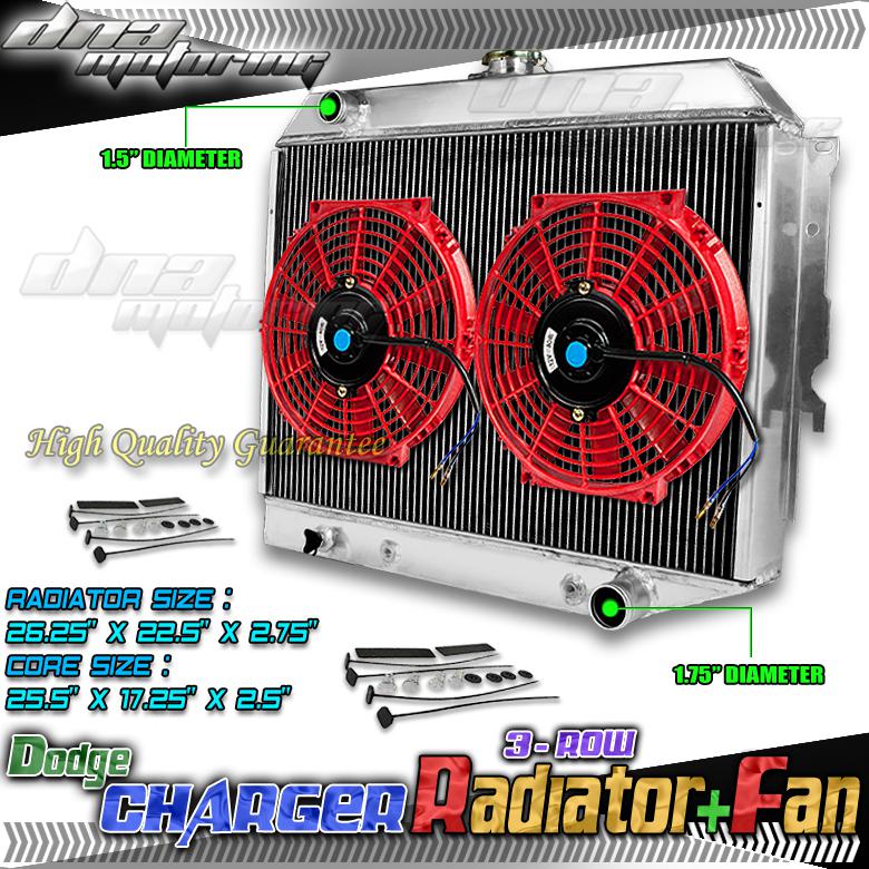 Tri core full aluminum racing radiator+2x 10"red fan 68-73 dodge charger/coronet