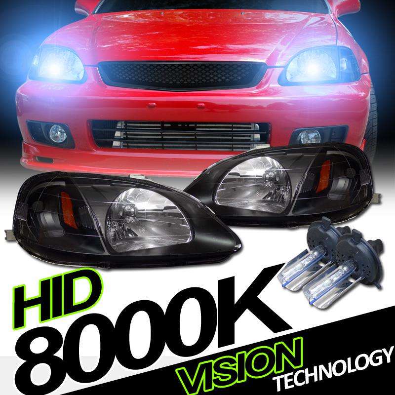 Amber reflector 99-00 civic 2dr/3dr/4dr jdm blk crystal headlights+8000k hid kit