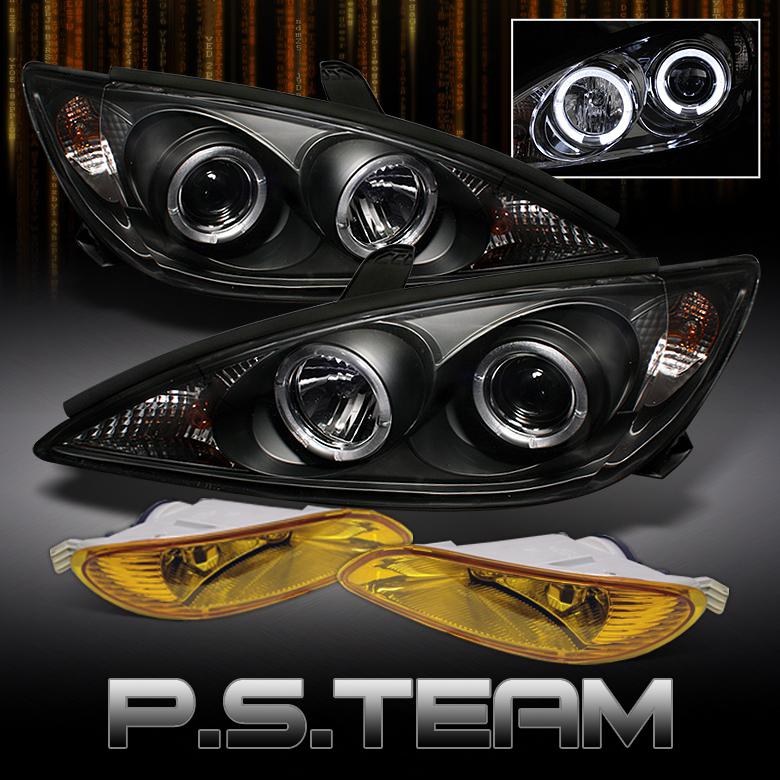 Black 02-04 toyota camry dual halo projector headlights +jdm yellow fog lights