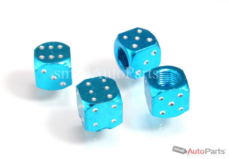 4 blue aluminum metal dice tire/wheel stem air valve caps covers for car/truck