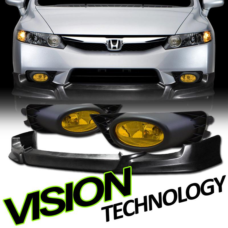 09-11 civic 4d/4dr sedan hfp style pu front bumper lip spoiler+yellow fog lights