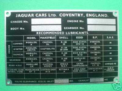 1622 jaguar xk & sedan aluminum  i.d. plate