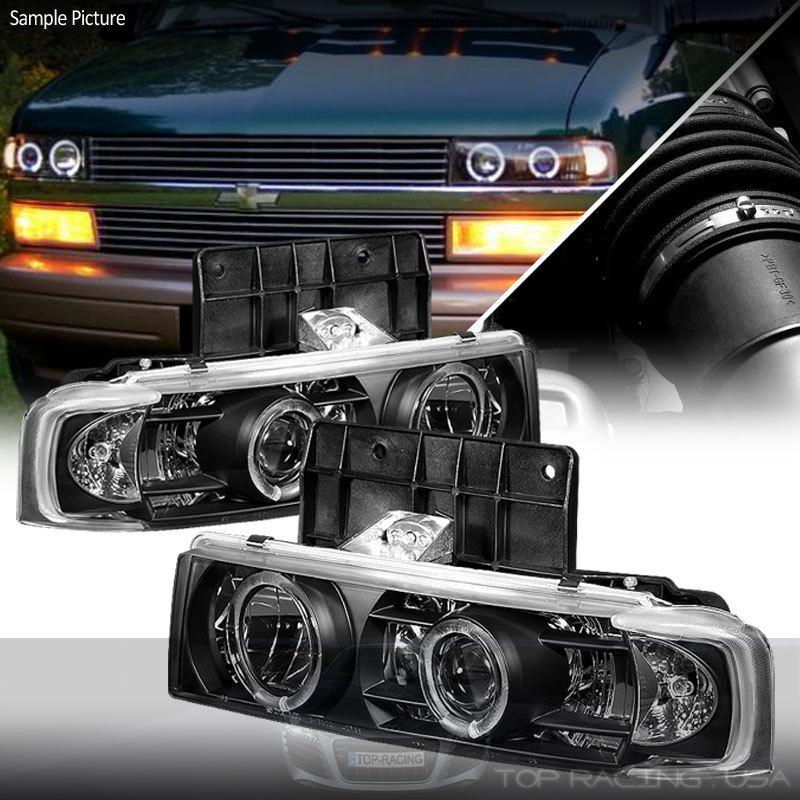 Black dual halo projector headlights pair for astro van / safari 95-04