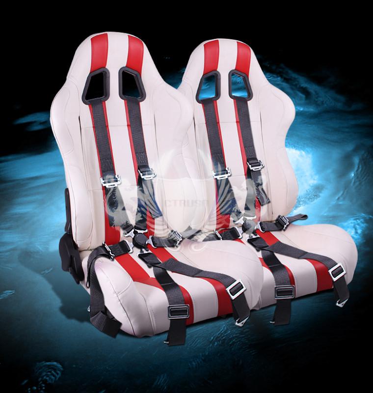 2x universal white/red stripe pvc racing belt seats + 6-pt camlock harness seat