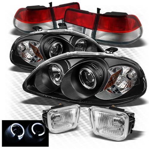 96-98 civic 2dr black projector headlights + red clear tail lights + fog lights