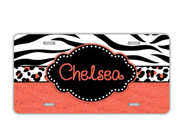 Zebra license plate monogrammed - coral w black - license plate vanity (9976)