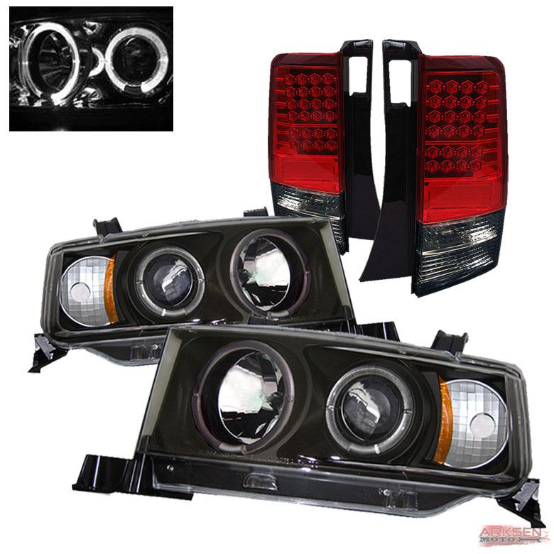 04-06 scion xb twin halo led projector headlights+led red smoke tail lights lamp
