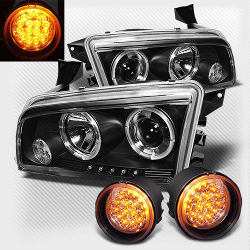 06-10 dodge charger halo led projector black headlights+led bumper fog lights