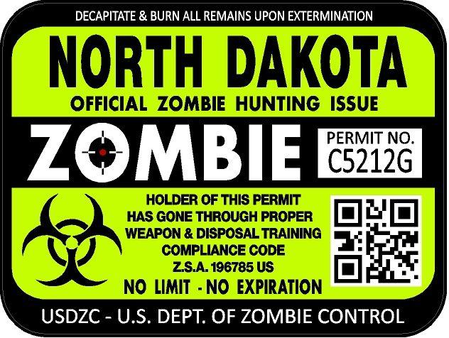 North dakota zombie hunting license permit 3"x4" decal sticker outbreak 1244