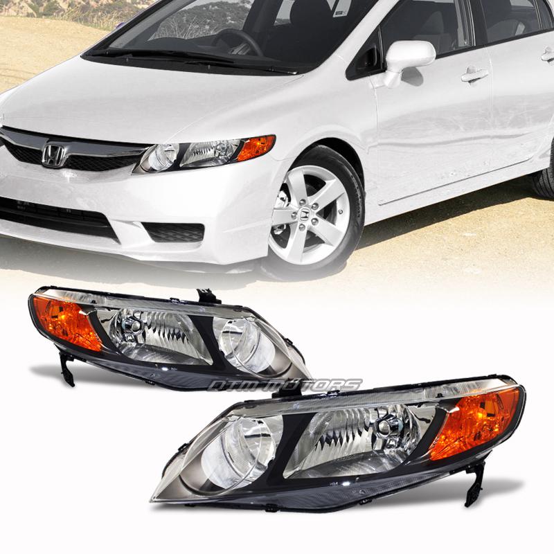 06-09 honda civic 4-door jdm black housing headlight lamps with amber reflector