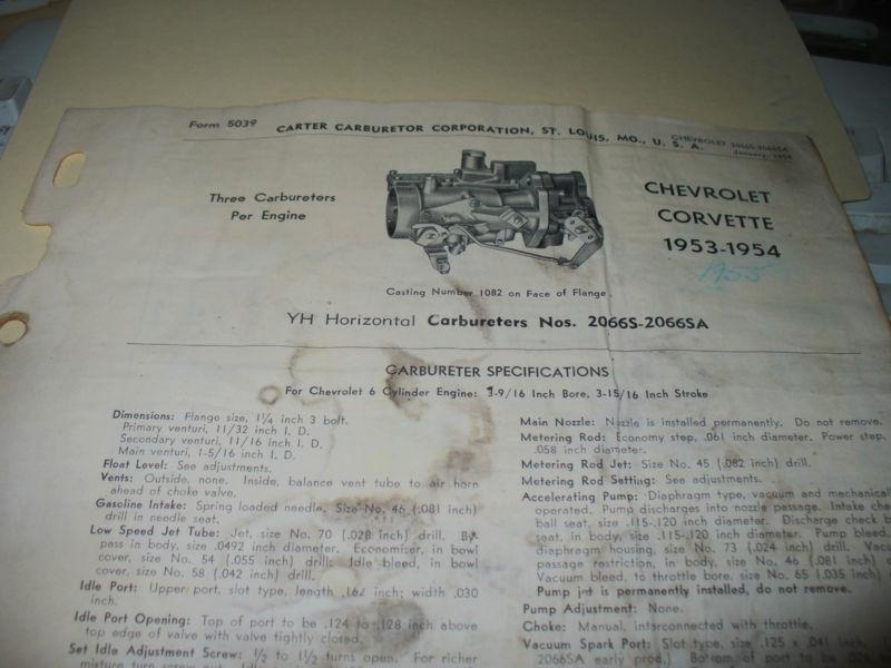 Vintage carburetor info and spec sheet...chev. 53-54 corvette