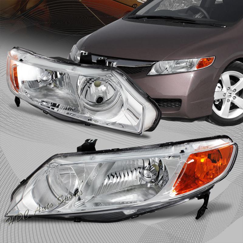 2006-2009 honda civic chrome housing clear lens amber reflector headlight lamps