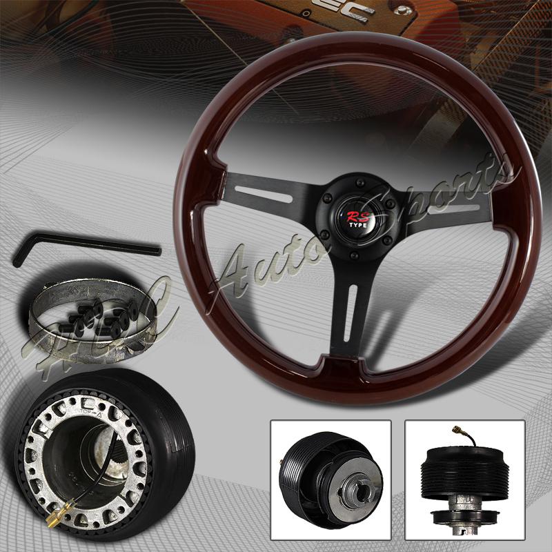 345mm 6 hole dark wood grain style deep dish steering wheel + mazda hub adapter