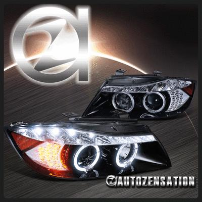 06-08 bmw e90 3-series 4dr glossy black drl halo led signal projector headlights