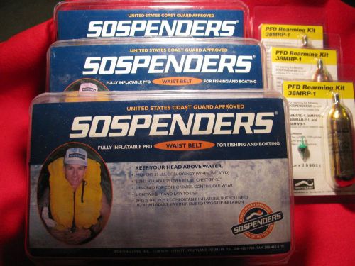 Three adult sospenders waist belt inflatable flotation devices &amp; 3 rearming kits