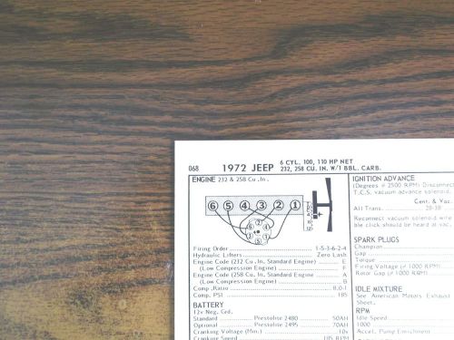 1972 jeep six series models 232 ci l6 &amp; 258 ci l6 tune up chart