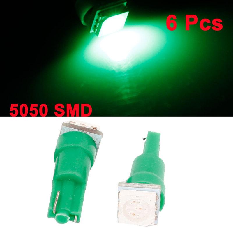 6 pcs t5 wedge green 5050 1-smd led side marker lights bulbs dc 12v for car