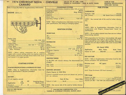 1974 chevrolet nova/chevelle/camaro 250 ci car sun electronic spec sheet