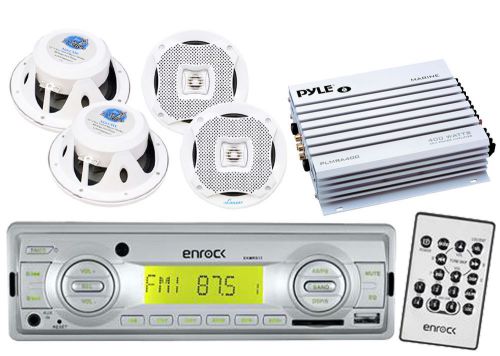 Enrock am fm usb aux marine radio, 400w amplifier, 6.5&#034; white marine speakers