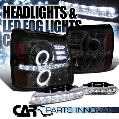 02-06 cadillac escalade smoke dual halo projector headlights+6-led fog lamps